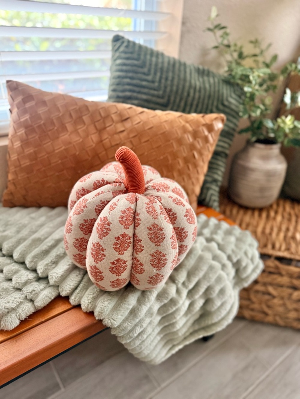 Threshold Cream and Orange Patterned Fabric Pumpkin Accent Pillow
